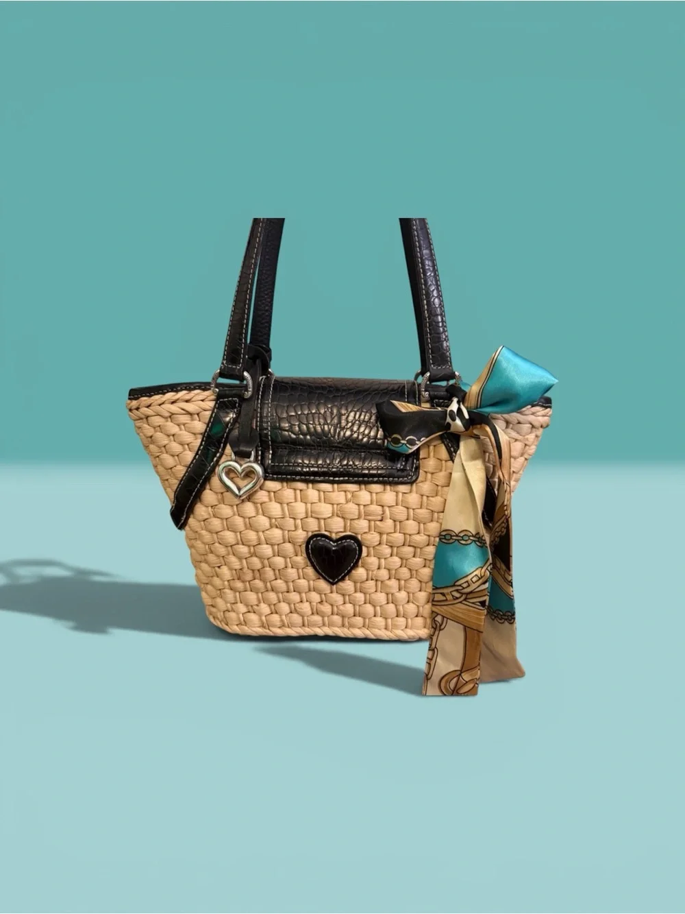 Brighton brand Woven Shoulder Tote with Black Trim and Heart Charm - Picture 11 of 15